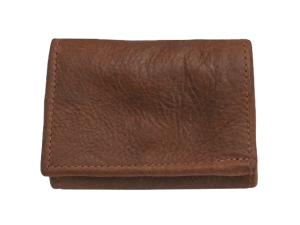 Brown leather wallet with multiple card slots, a bill compartment, and a coin pouch.