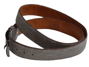 A brown buffalo leather belt with a silver buckle, showcasing a textured, natural leather finish.