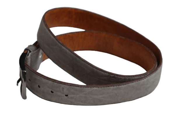 A brown buffalo leather belt with a silver buckle, showcasing a textured, natural leather finish.